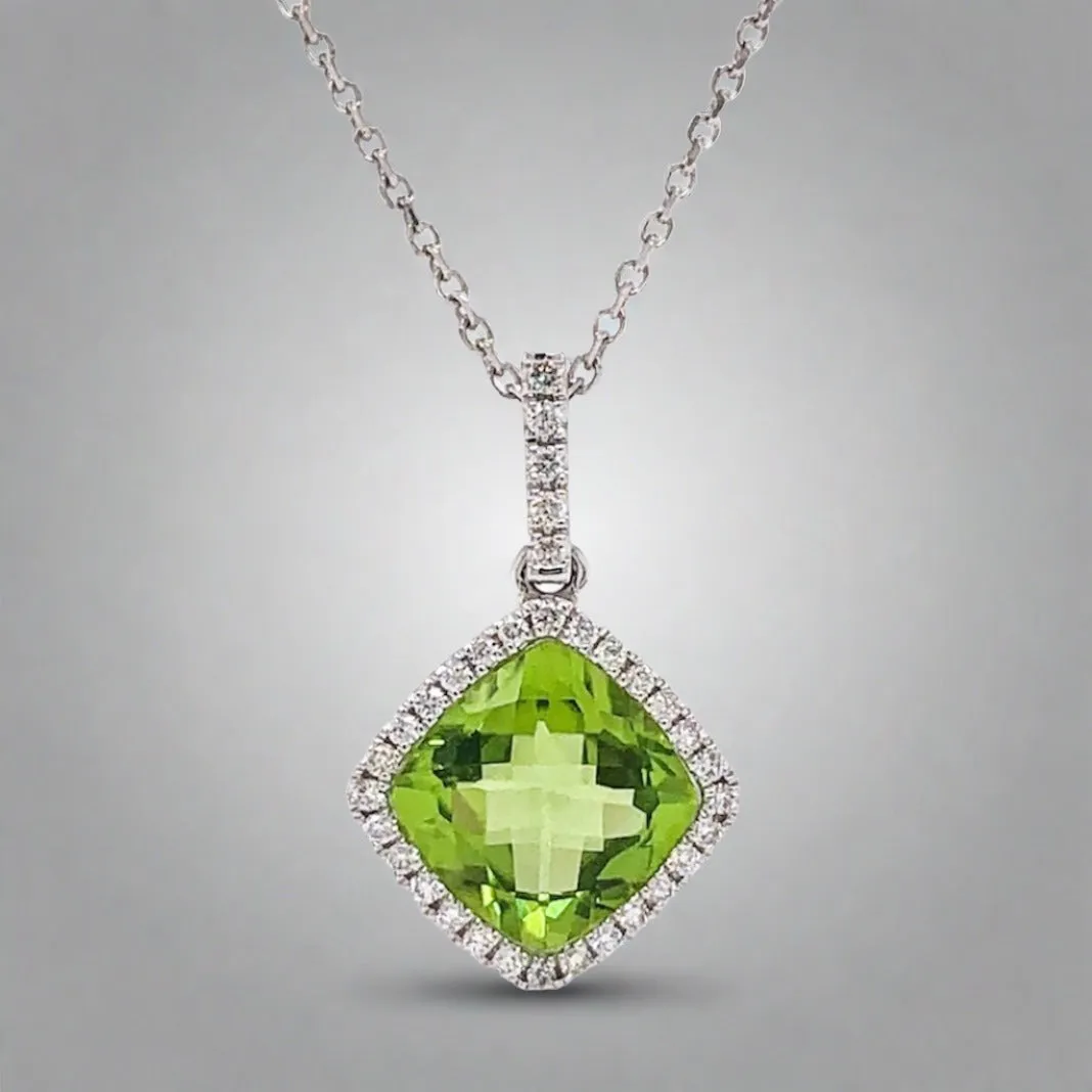 14K W Gold 2.90ctw Peridot and 0.20ctw SI2/H Diamond Halo Pendant