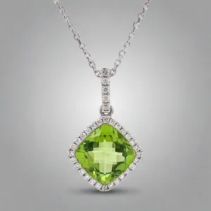 14K W Gold 2.90ctw Peridot and 0.20ctw SI2/H Diamond Halo Pendant