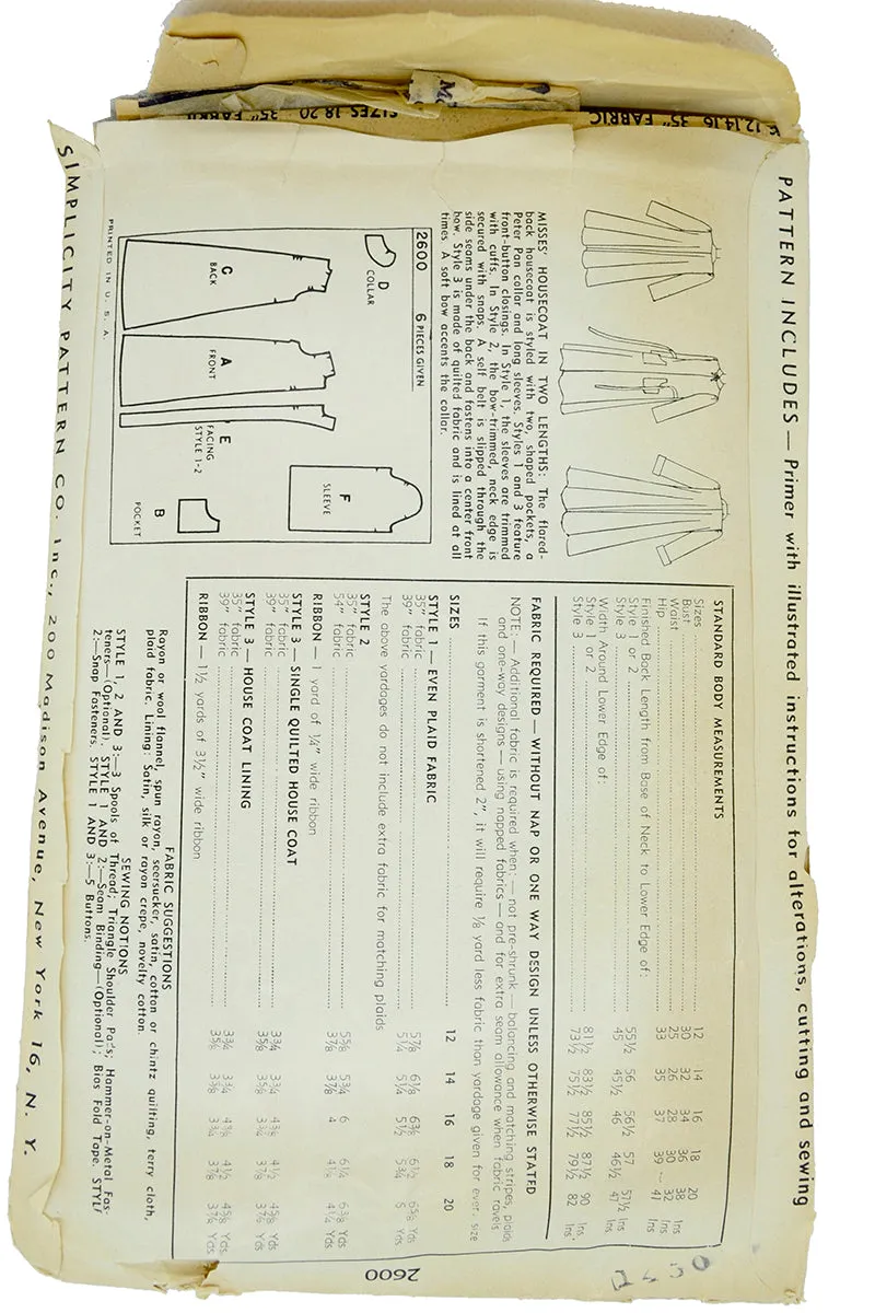 1948 Vintage Simplicity 2600 Vintage Hostess Robe Housecoat Pattern