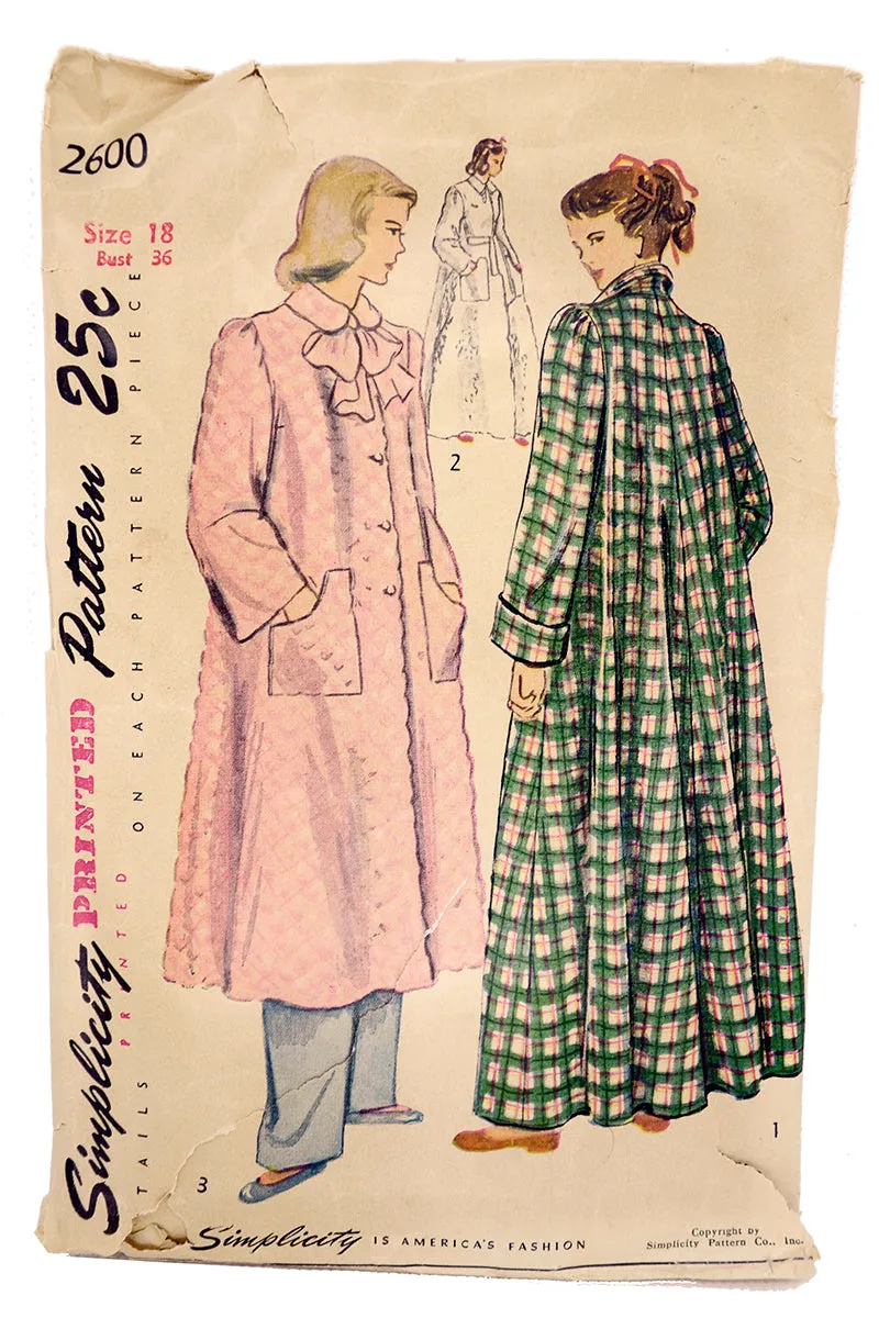 1948 Vintage Simplicity 2600 Vintage Hostess Robe Housecoat Pattern