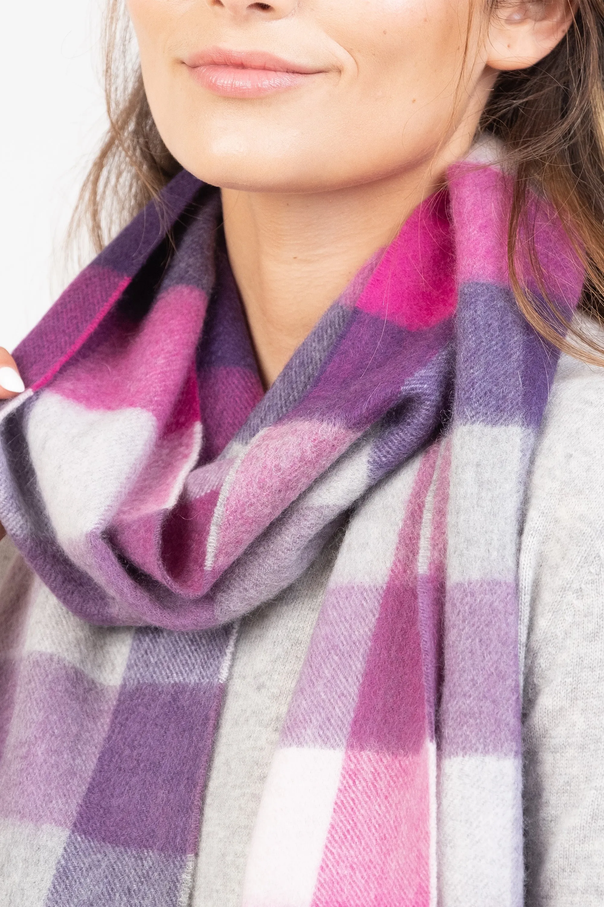 5 Square Check Cashmere Scarf - Purple