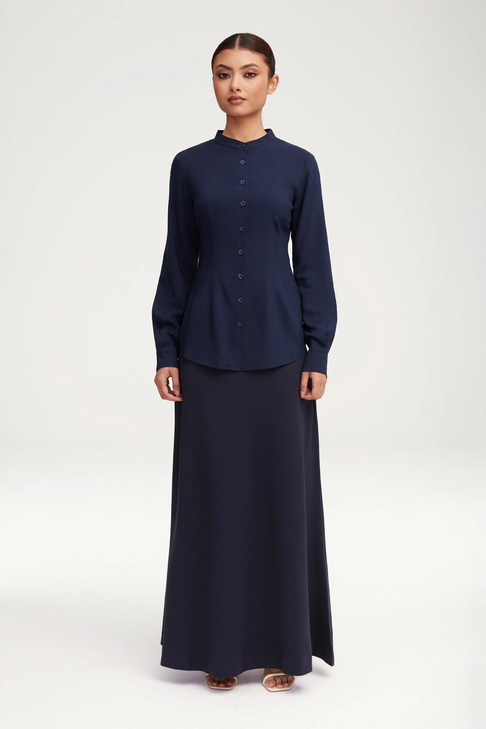 Adina Fitted Button Down Top - Navy Blue