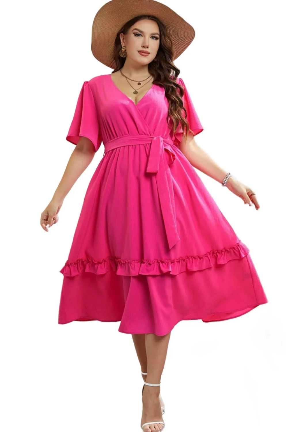 Belted Frill Trim Flutter Sleeve Dress