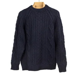 Cabled raglan sleeve crewneck in navy wool and cashmere (restock)