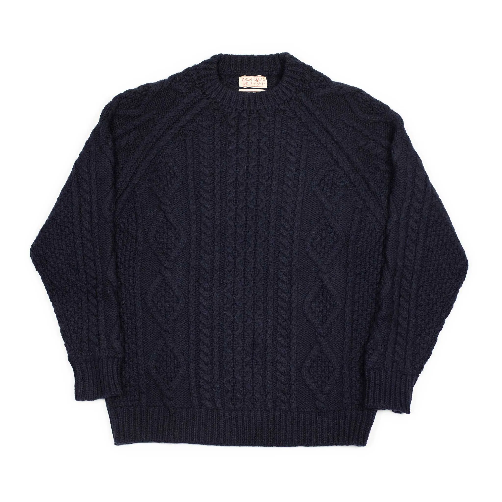 Cabled raglan sleeve crewneck in navy wool and cashmere (restock)