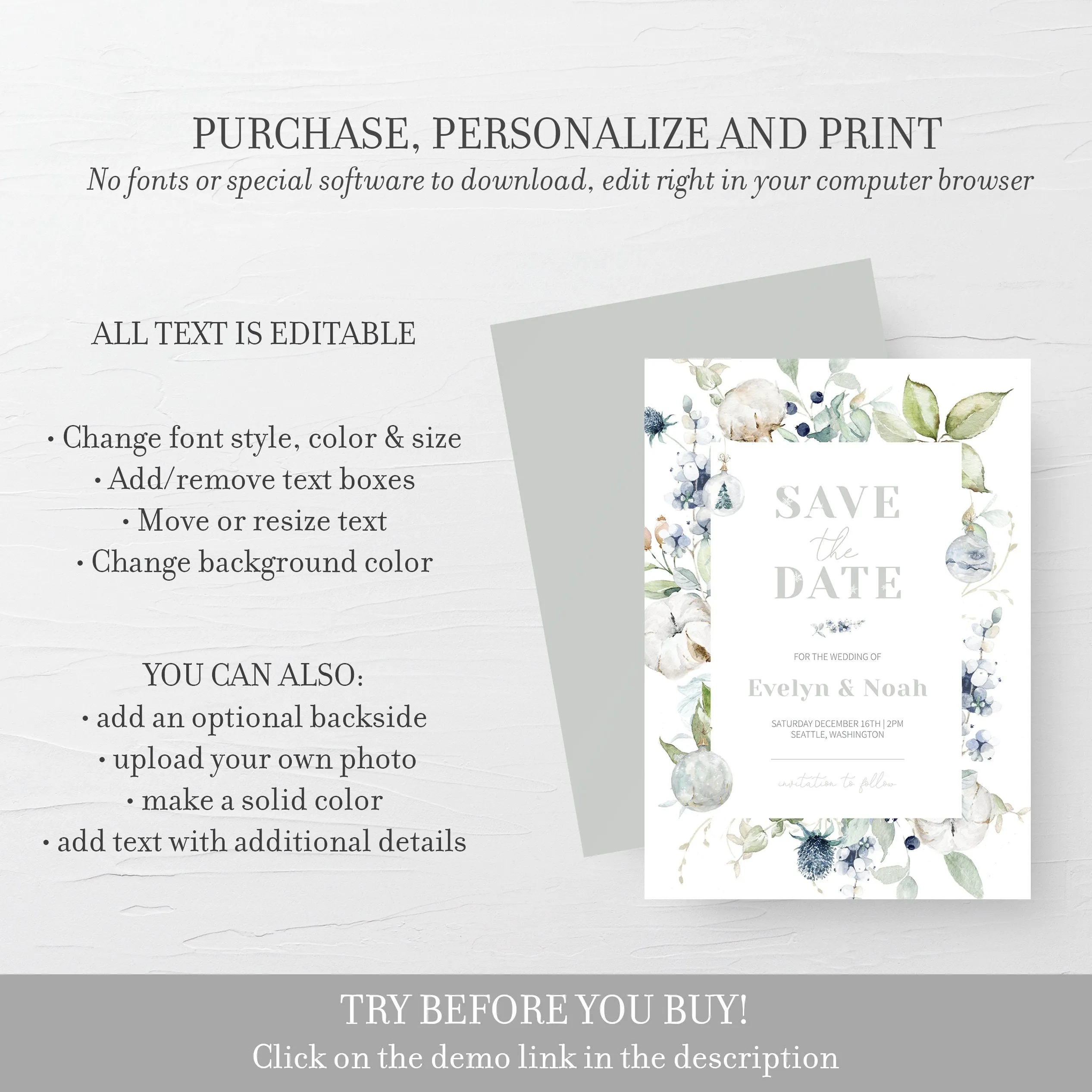 Christmas Wedding Save The Date Card Template, Printable Pastel Winter Engagement Announcement, Editable INSTANT DOWNLOAD - AW100