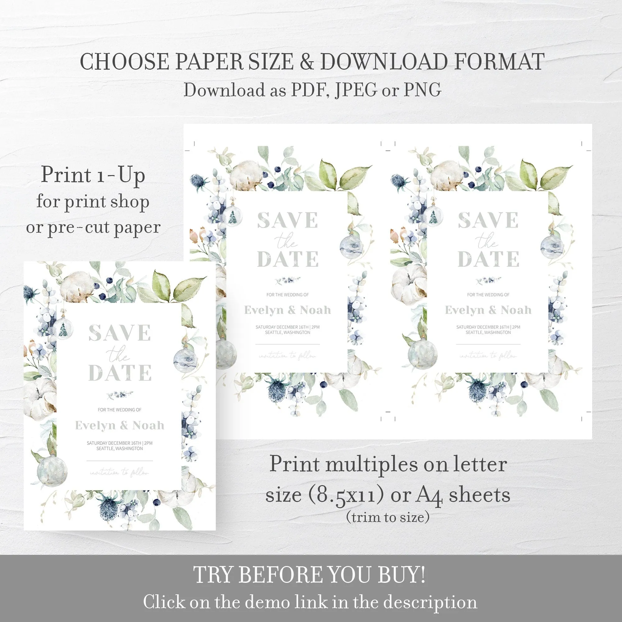 Christmas Wedding Save The Date Card Template, Printable Pastel Winter Engagement Announcement, Editable INSTANT DOWNLOAD - AW100