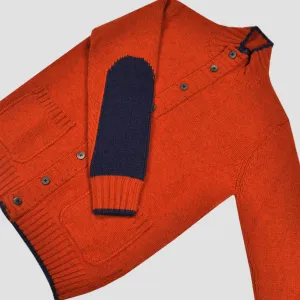 Chunky Yak's Wool Cardi in Orange with Dark Blue Trim