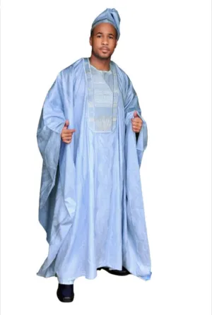 Dupsie's 3pc Rankii Blue African Brocade Agbada Grand Boubou Robe Attire DPAGBB5