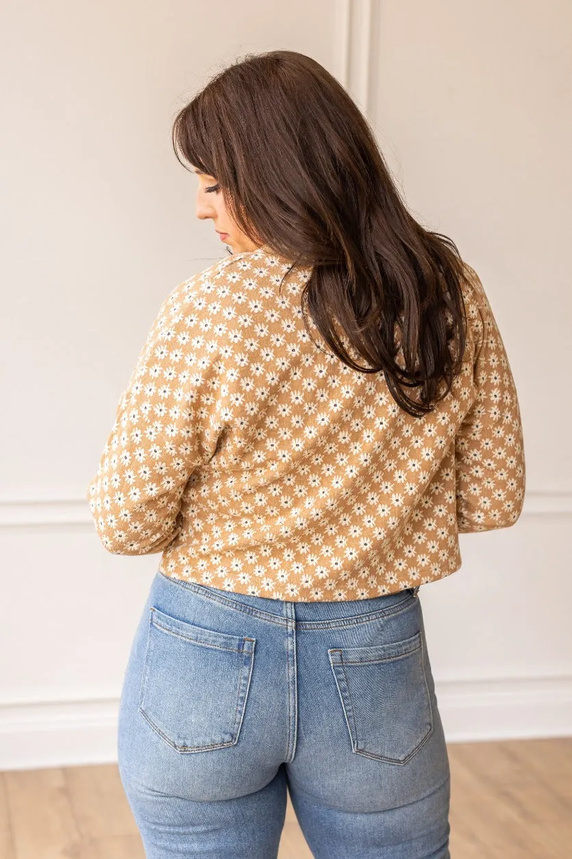 Field Of Daisies Crop Brown Floral Button Down