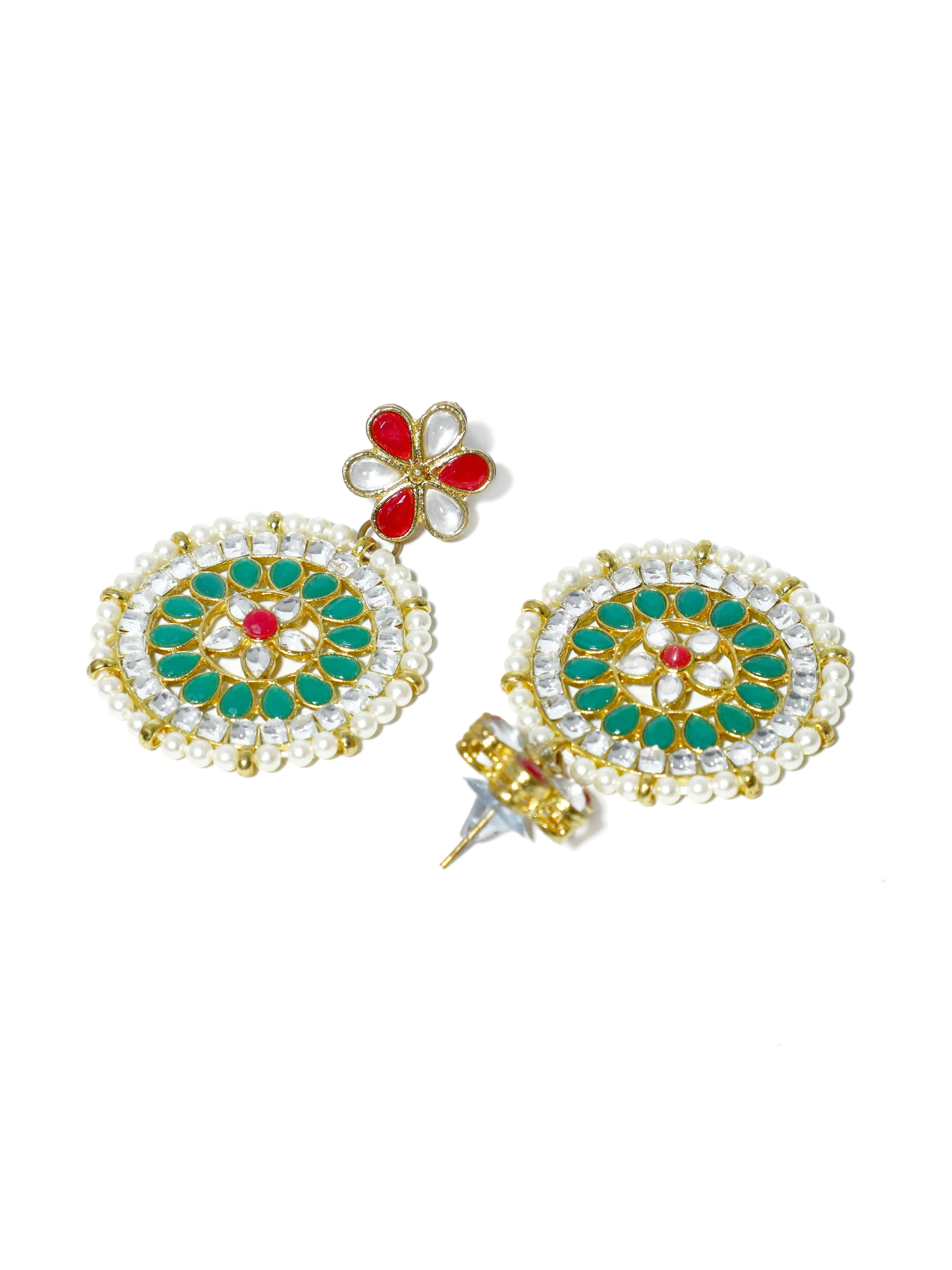 Gold Plated Green and Pearl Beads Kundan Dangler Earrings