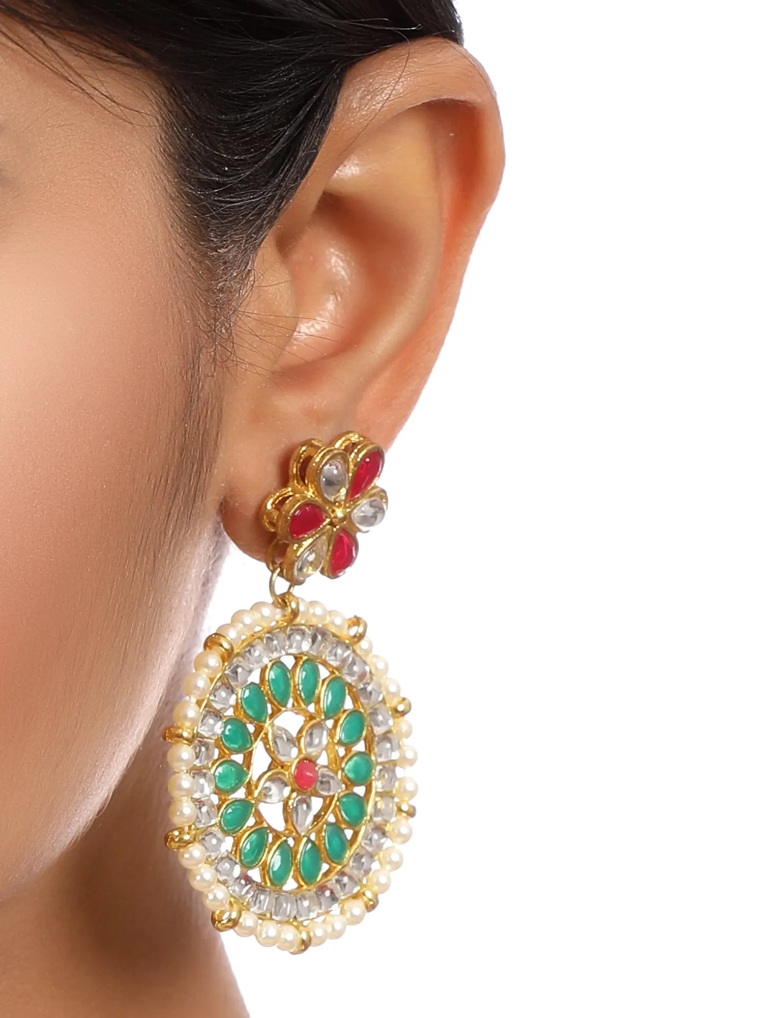 Gold Plated Green and Pearl Beads Kundan Dangler Earrings