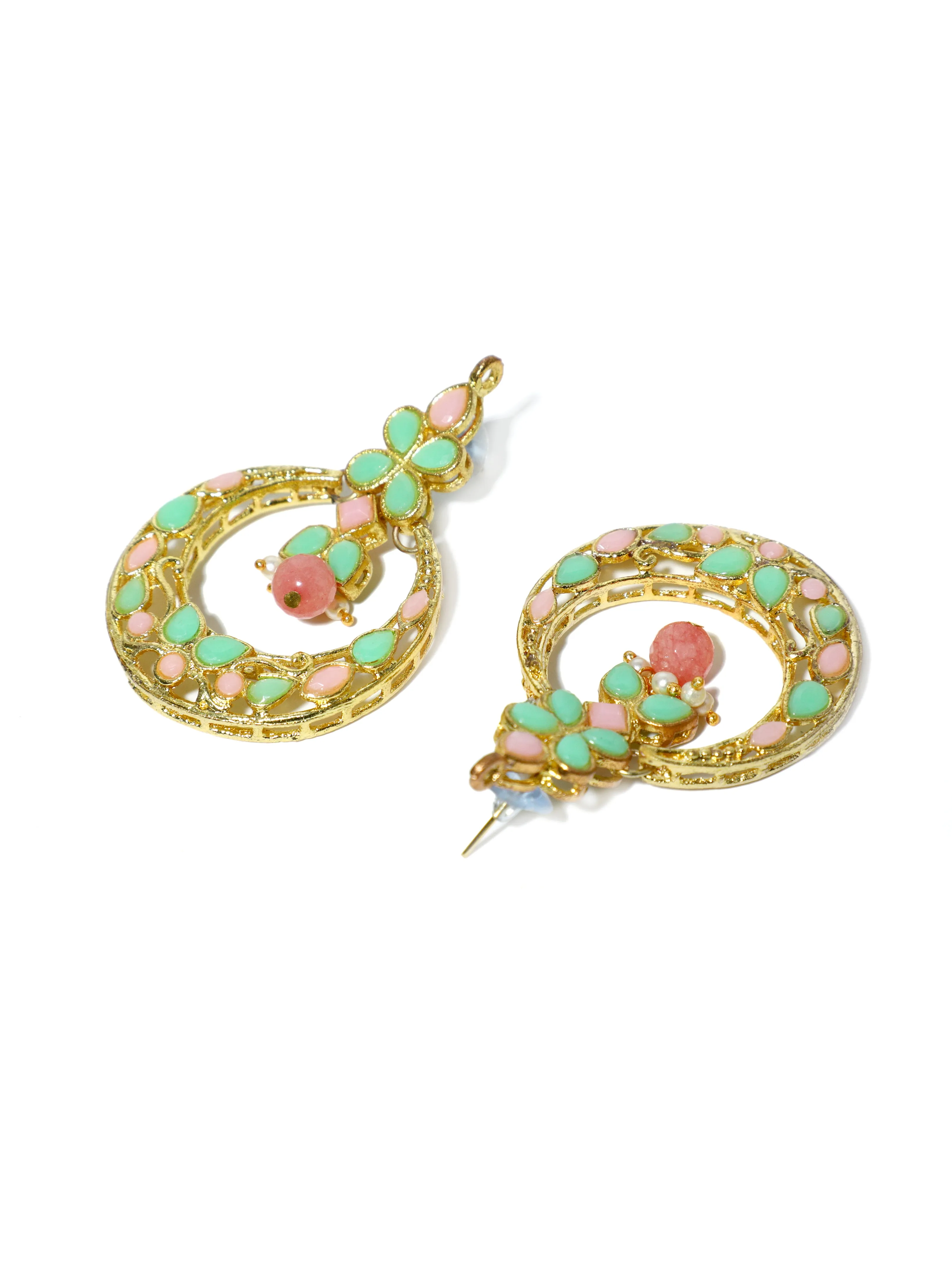 Gold Plated Peach and Mint Green Kundan Chnadbali Earrings