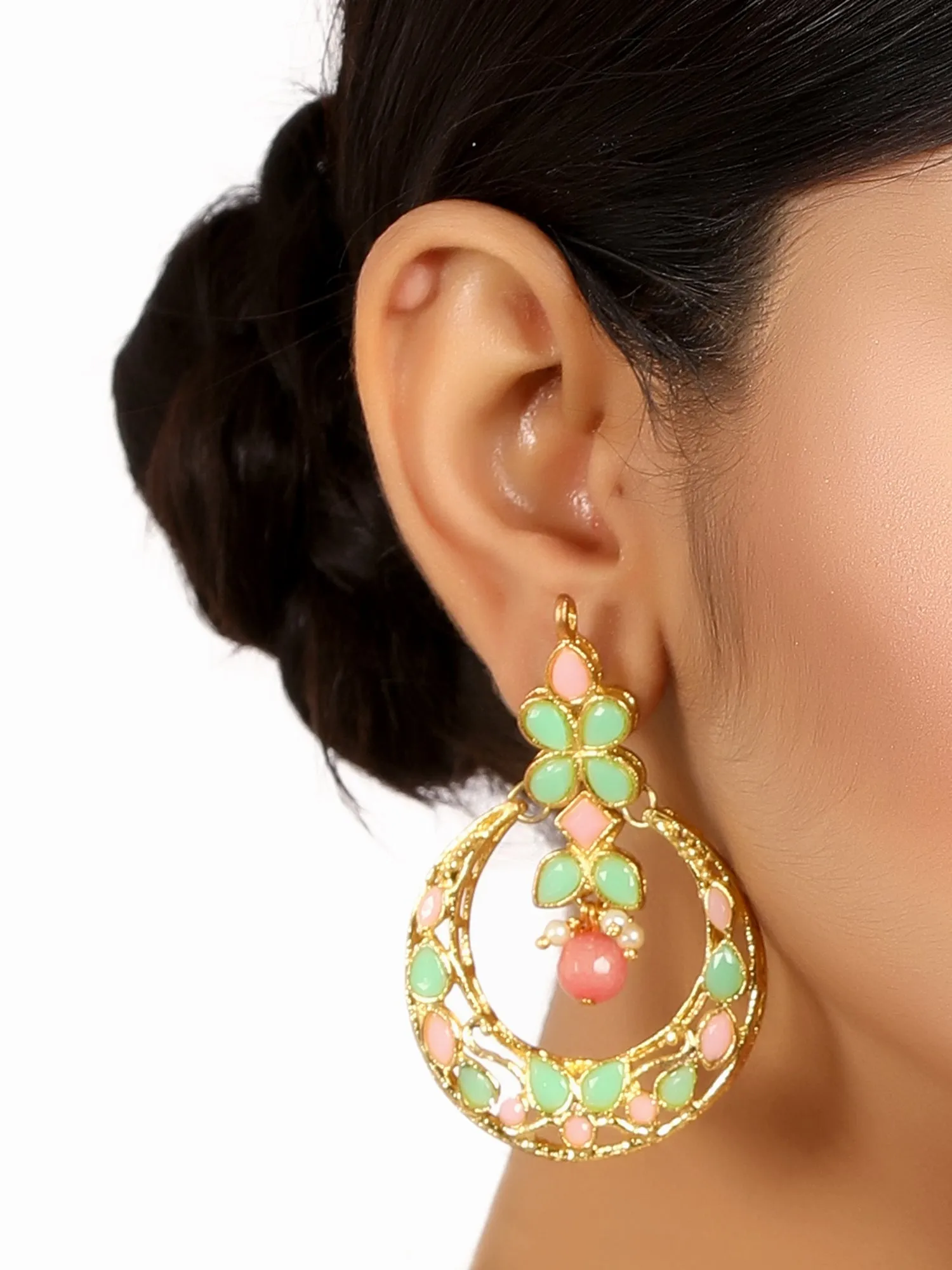 Gold Plated Peach and Mint Green Kundan Chnadbali Earrings