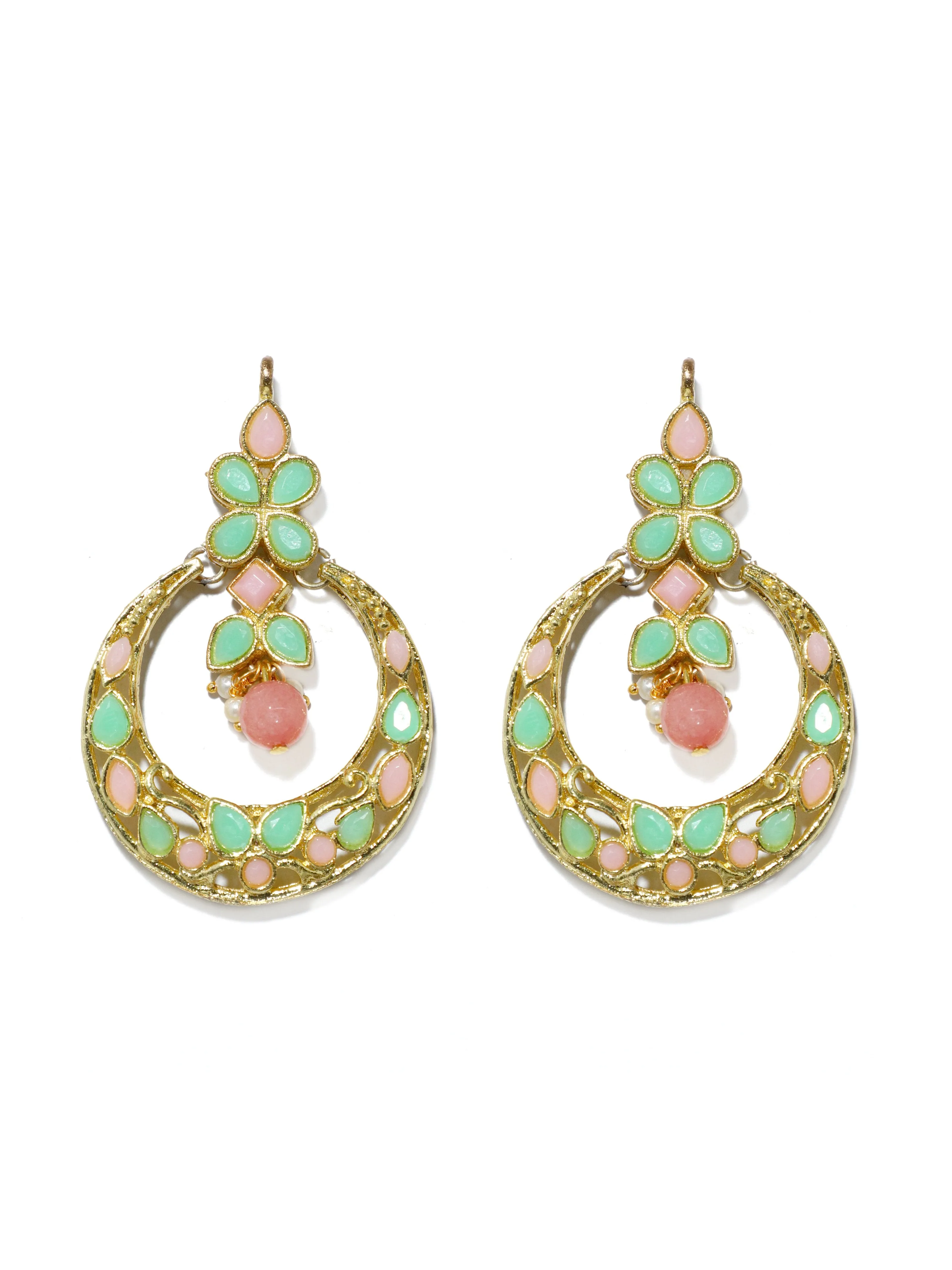 Gold Plated Peach and Mint Green Kundan Chnadbali Earrings