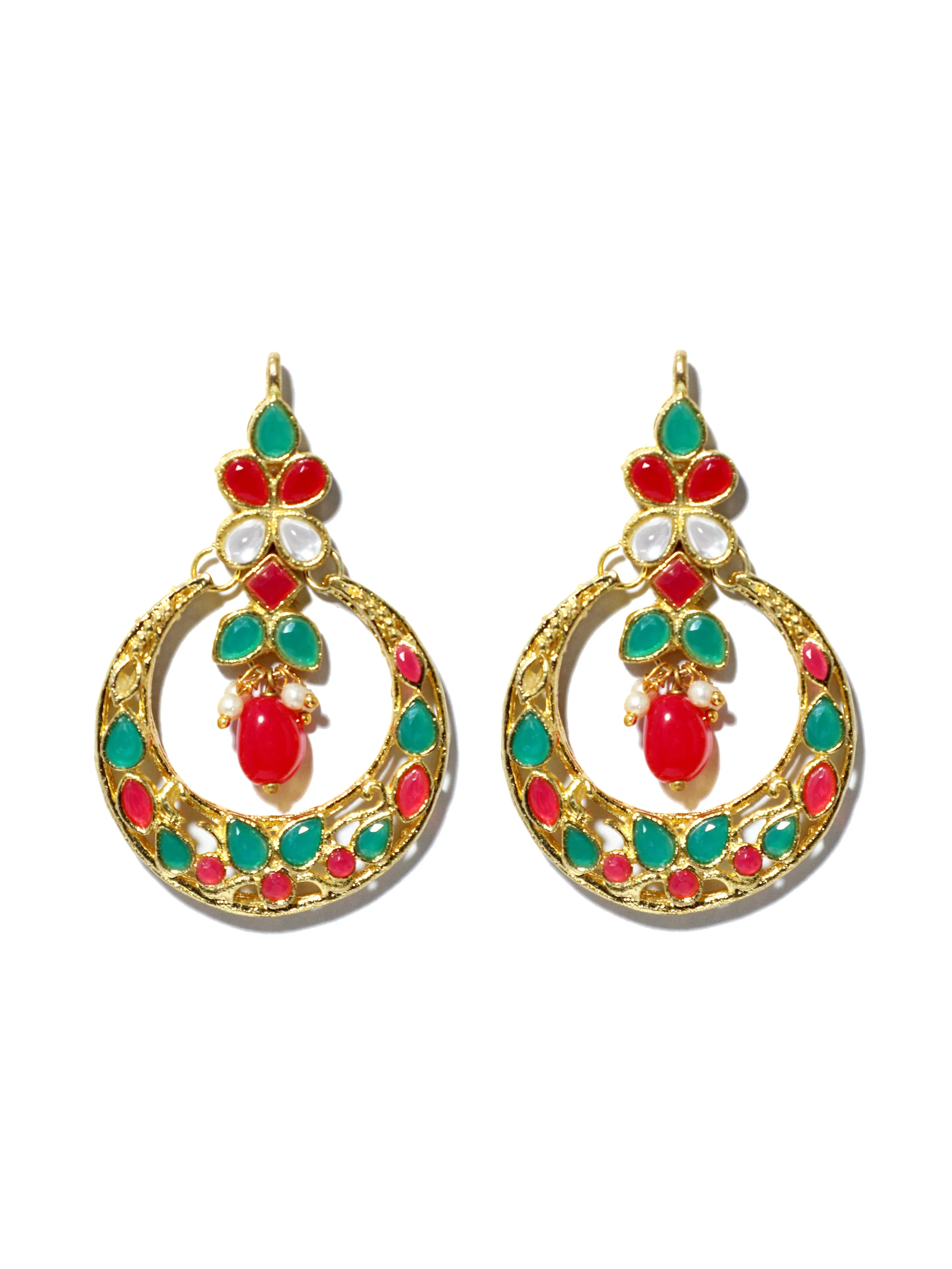 Gold Plated Red and Green Kundan Chnadbali Earrings