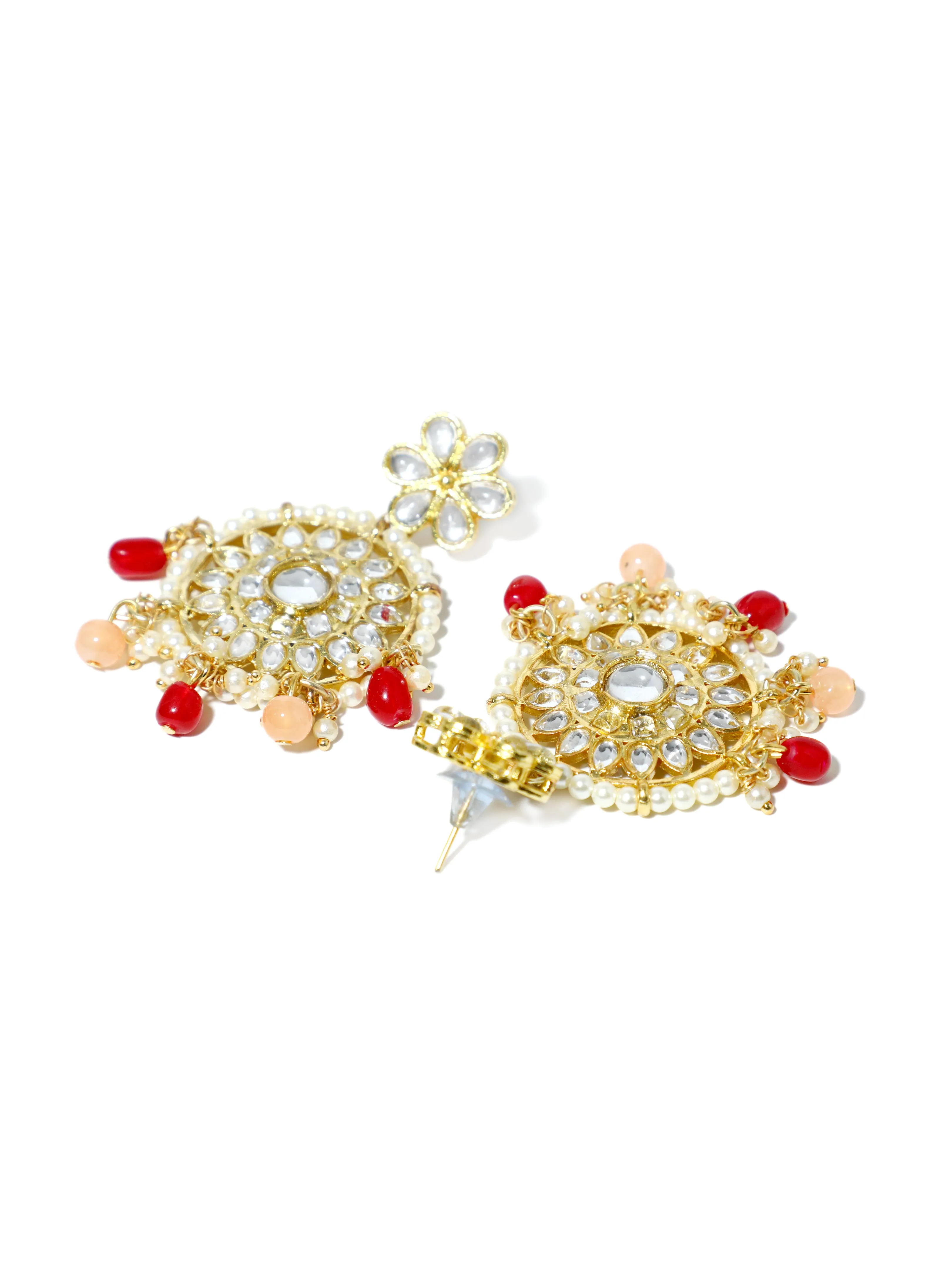 Gold Plated Red and Peach Beads Kundan Dangler Earrings