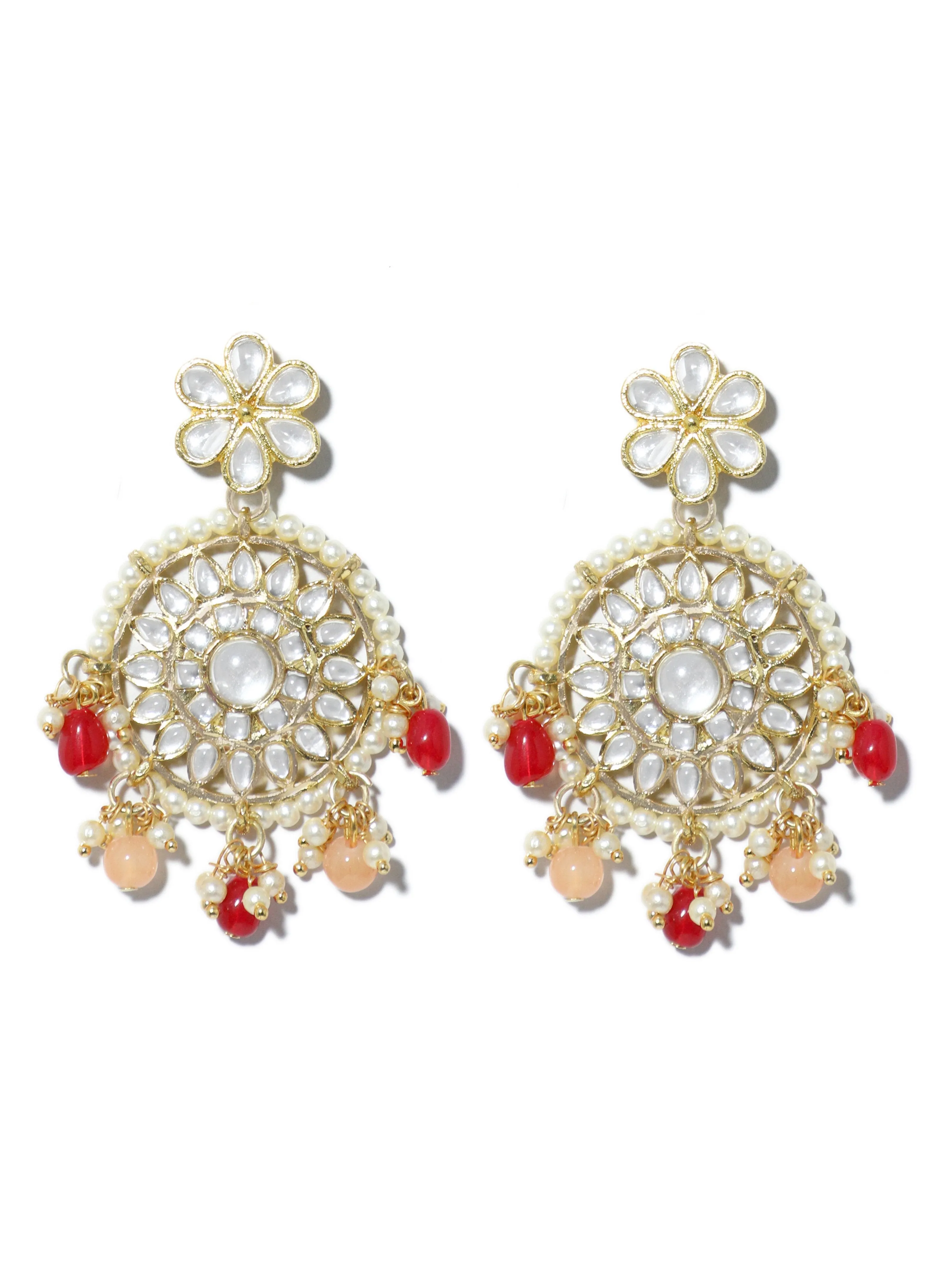 Gold Plated Red and Peach Beads Kundan Dangler Earrings