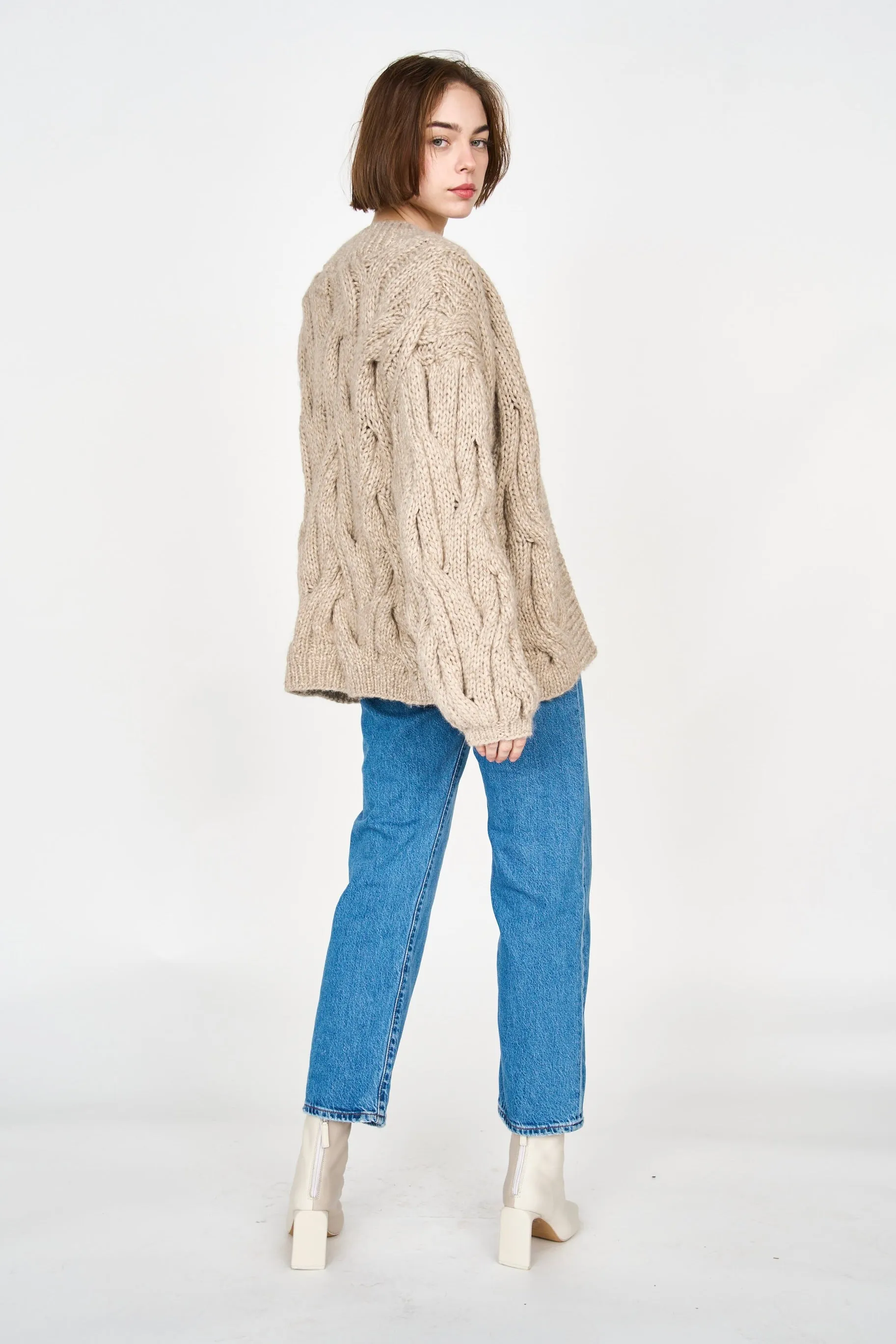 Handknit Cortina Cable Cardigan in Camel