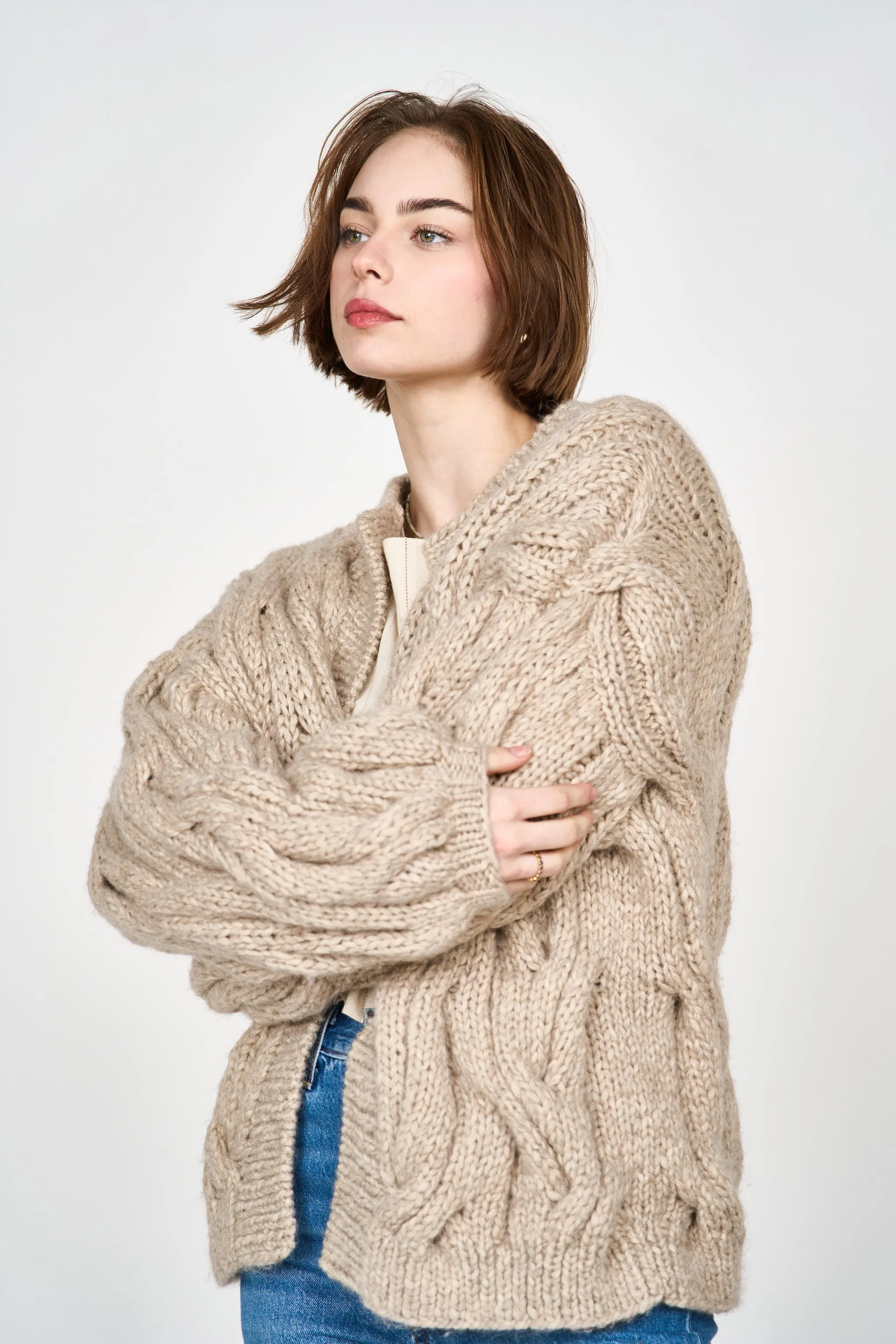 Handknit Cortina Cable Cardigan in Camel