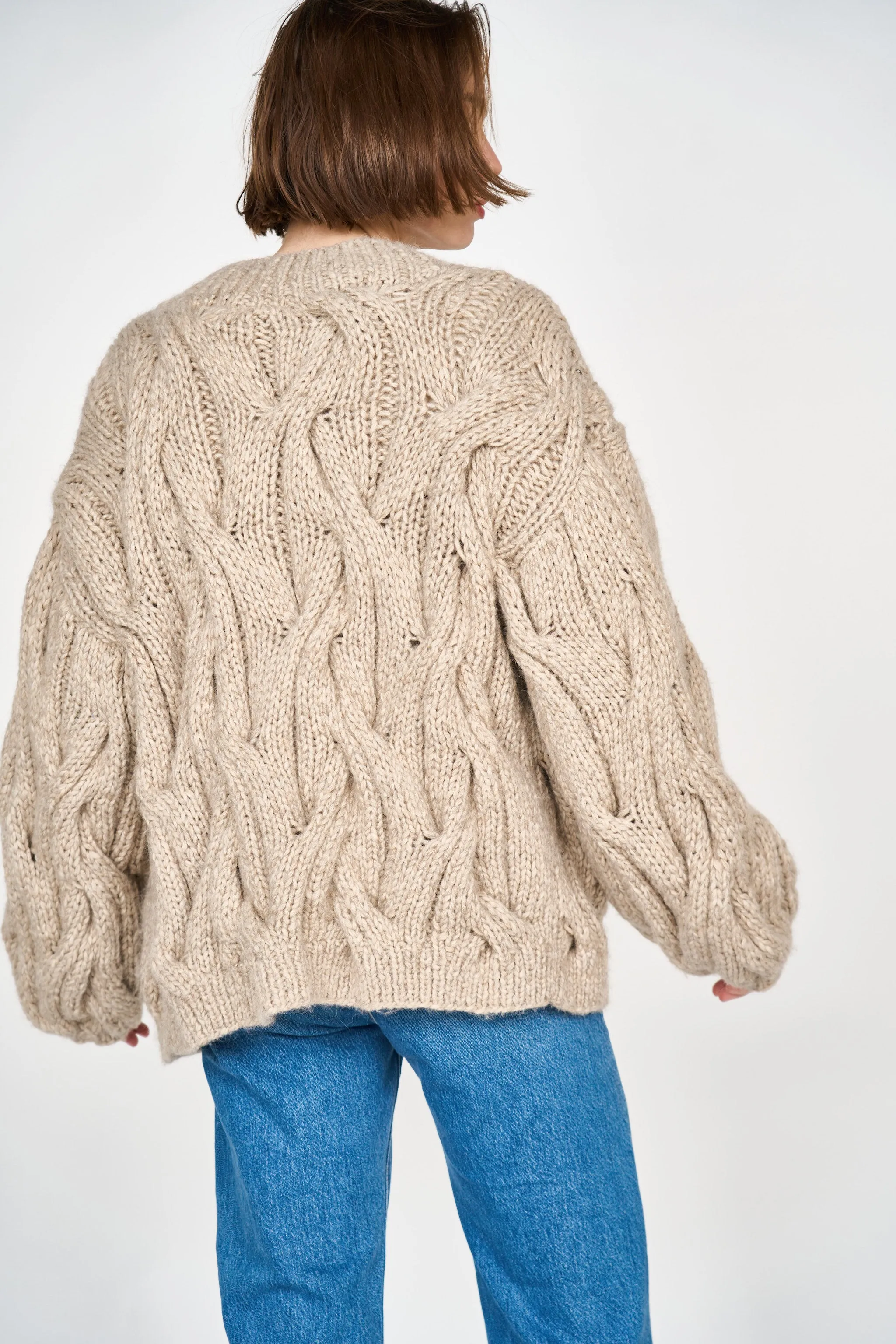 Handknit Cortina Cable Cardigan in Camel