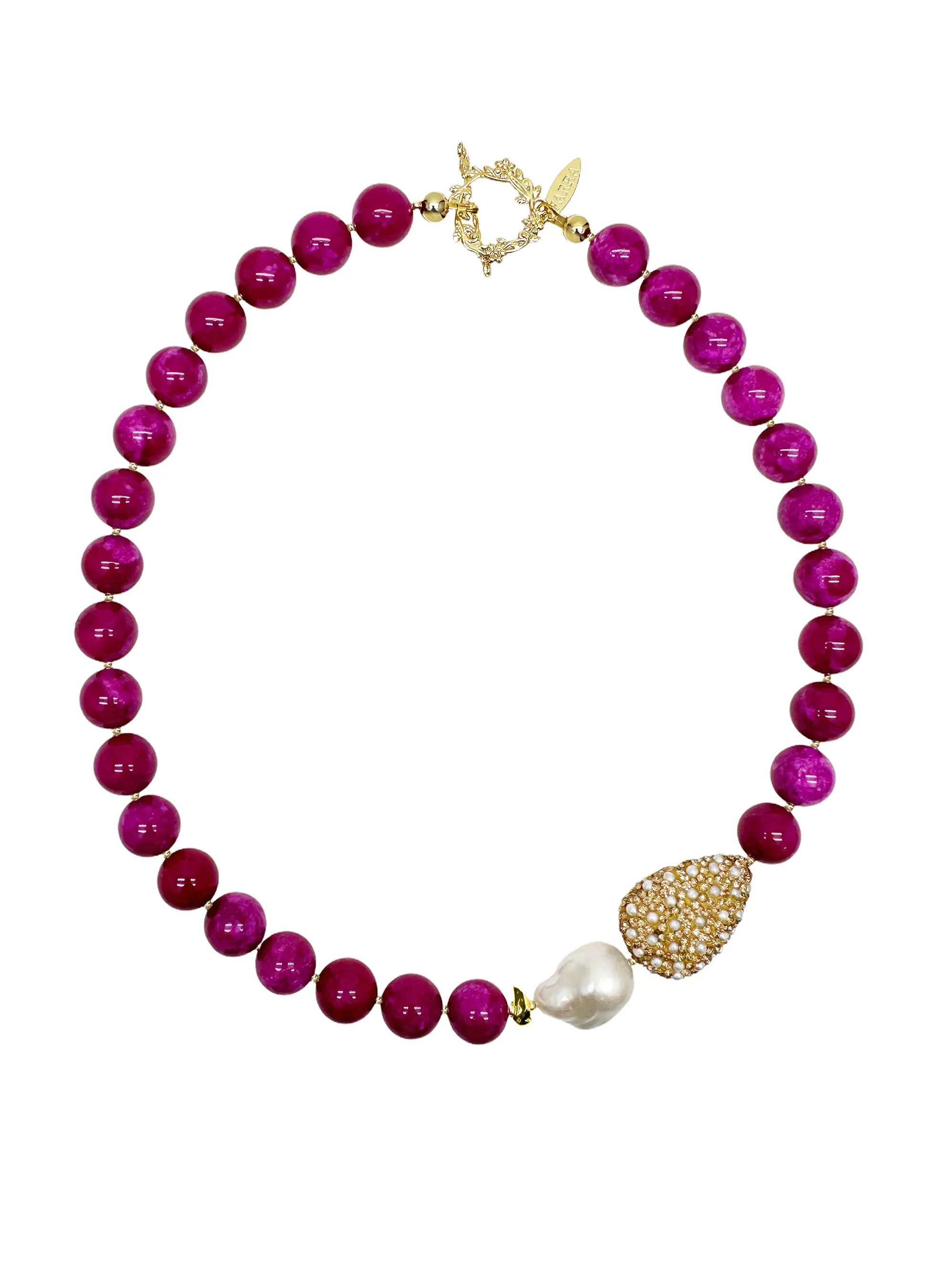 Magenta Gemstone with Baroque Pearl Pendant Statement Necklace LN013