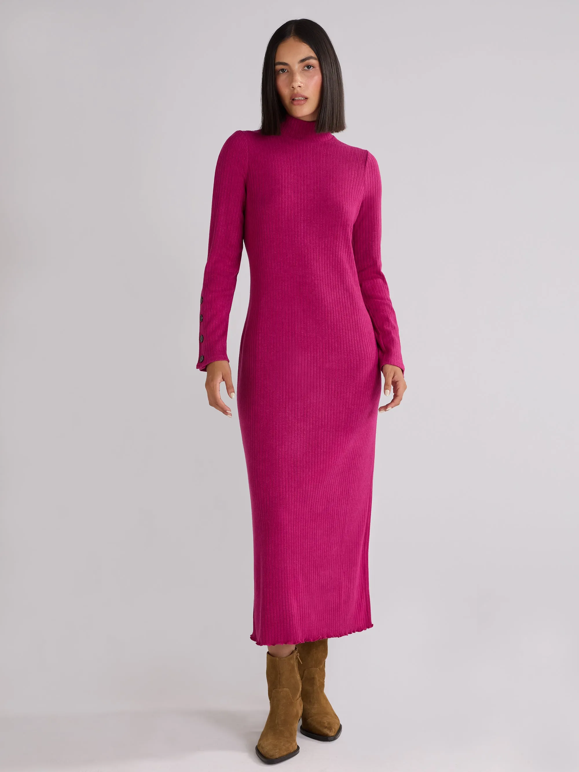 Pink Rib Knit High Neck Dress