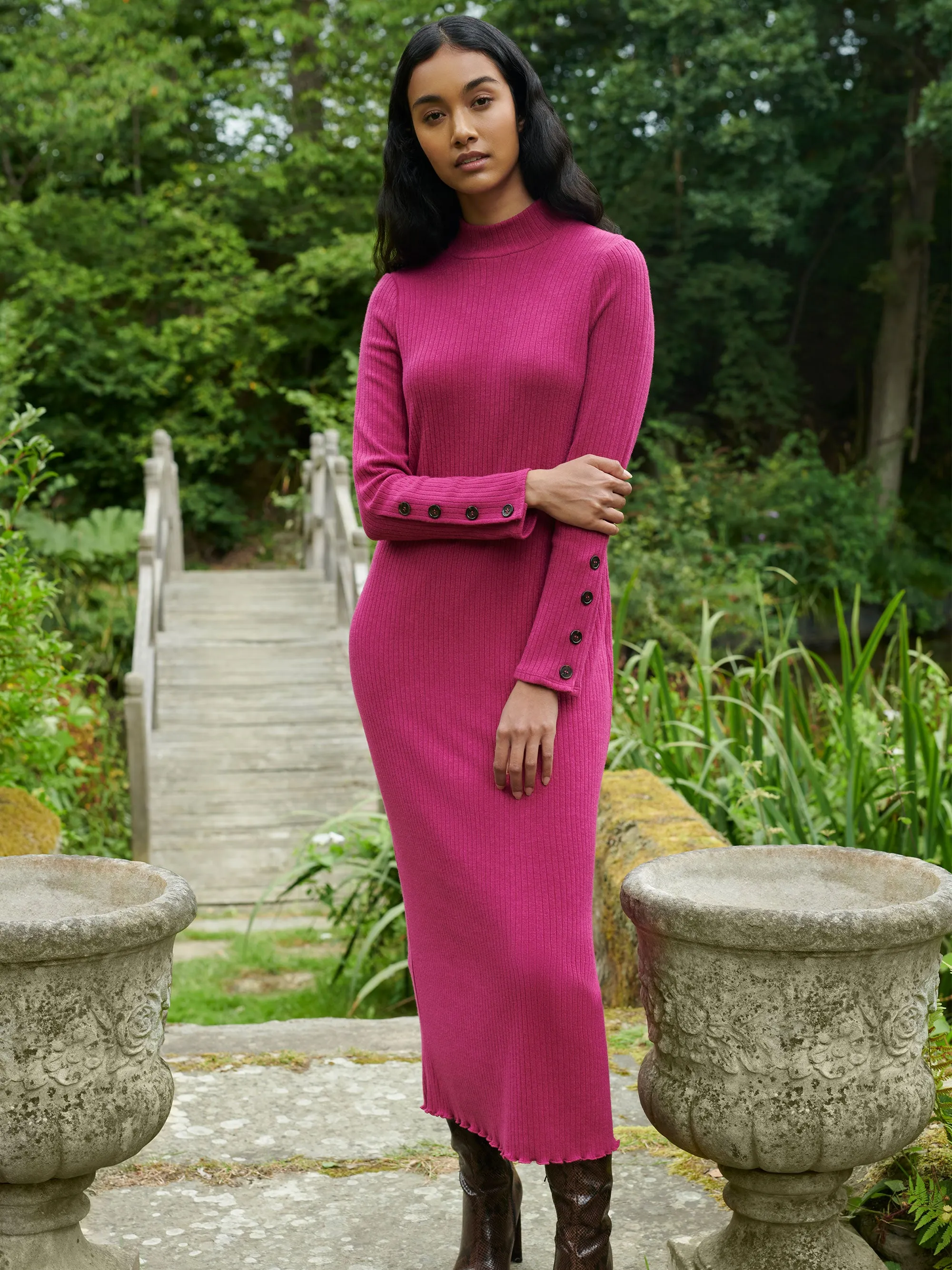 Pink Rib Knit High Neck Dress