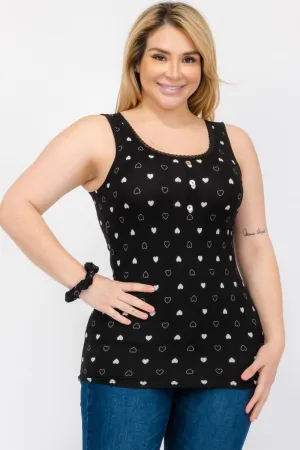 Plus Size Ribbed Knit Henley Tank Tops With Lace Trim - Black & White Hearts